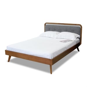 demi mid-century rectangular linen upholstered platform bed in gray