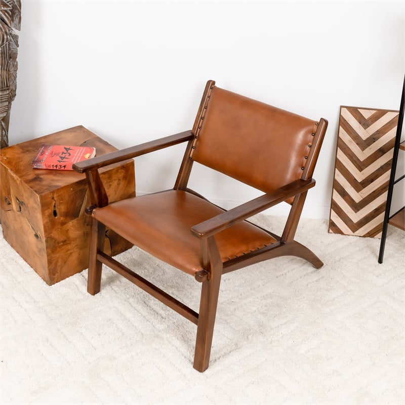 Sahana Modern Furniture Style Wide Top Leather Cognac Tan Accent Armchair