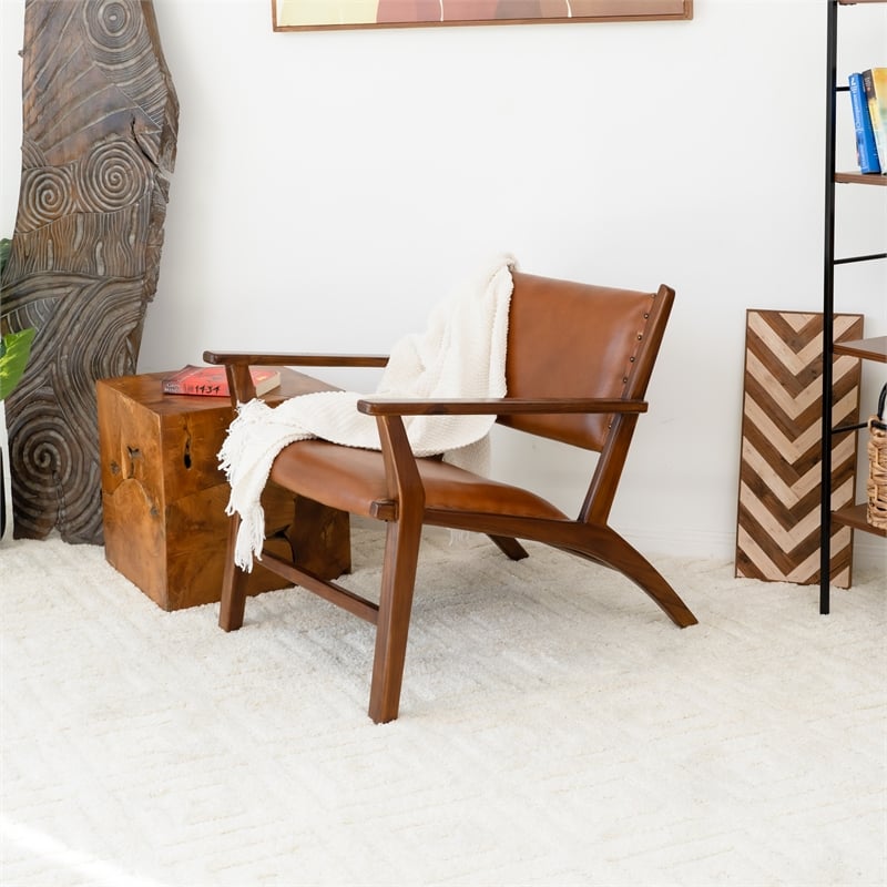 Sahana Modern Furniture Style Wide Top Leather Cognac Tan Accent Armchair