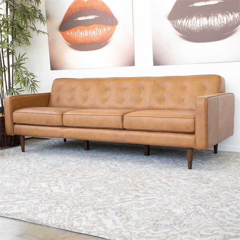 Mid Century Modern Harvey Tan Leather Sofa ASH2851