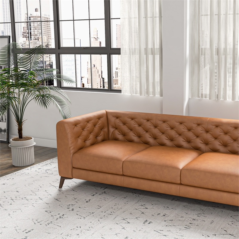 Mid Century Modern Chesterfield Genuine Leather Sofa in Cognac | BushFurnitureCollection.com