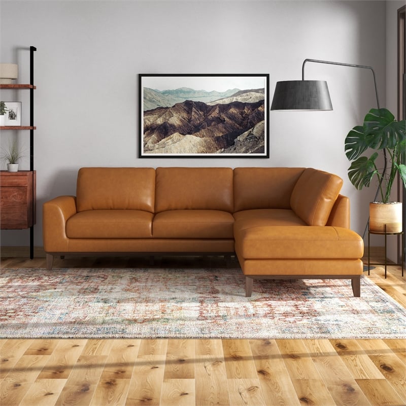 Milton Modern Living Room Top Leather Corner Sectional Sofa in Cognac Tan