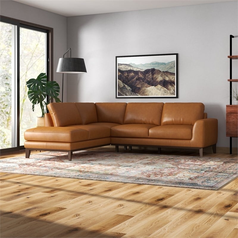 Milton Modern Living Room Top Leather Corner Sectional Sofa in Cognac Tan