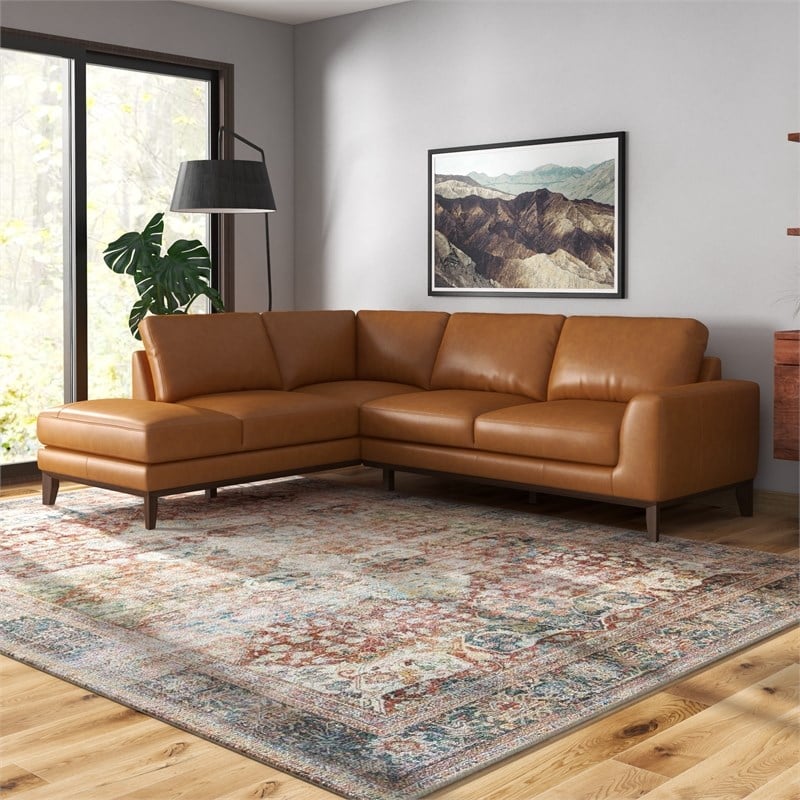 Milton Modern Living Room Top Leather Corner Sectional Sofa in Cognac Tan