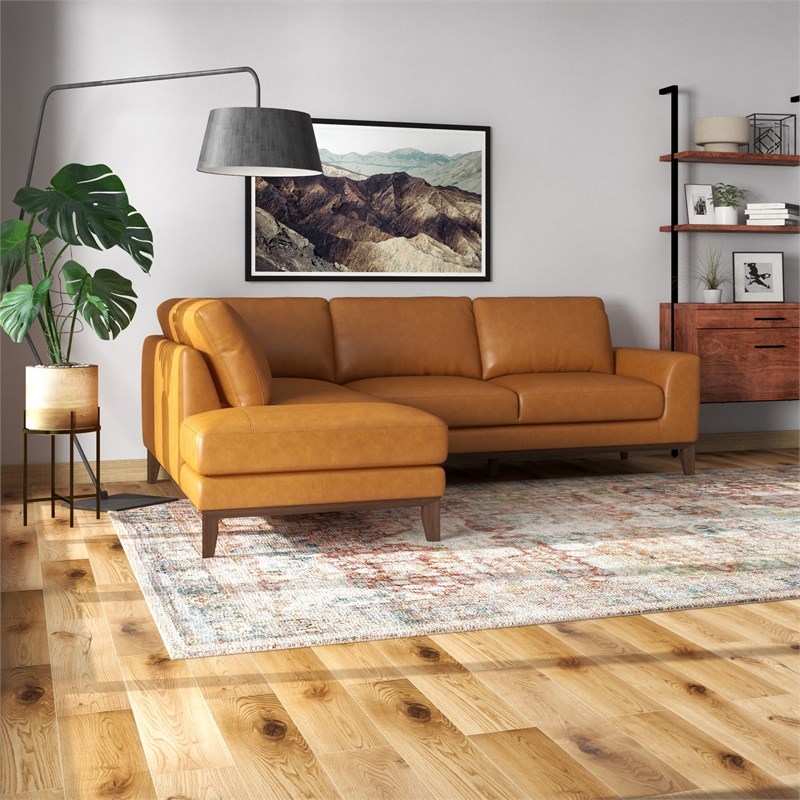 Milton Modern Living Room Top Leather Corner Sectional Sofa in Cognac Tan