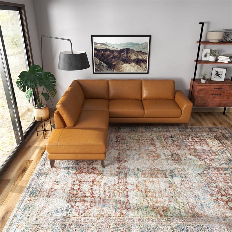 Milton Modern Living Room Top Leather Corner Sectional Sofa in Cognac Tan