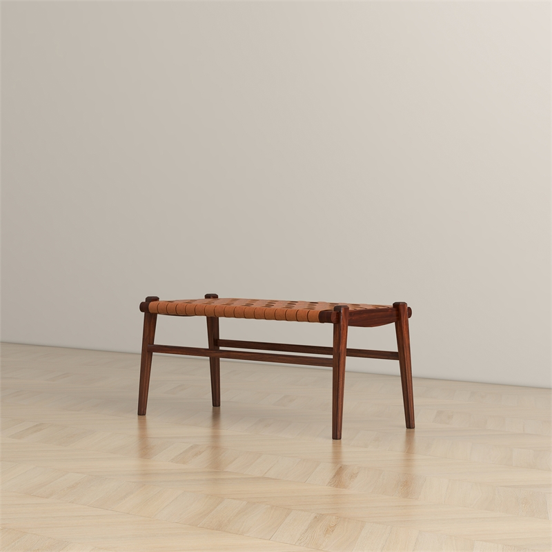 Sam Mid-Century Modern Genuine Leather Upholstered Bench in Tan