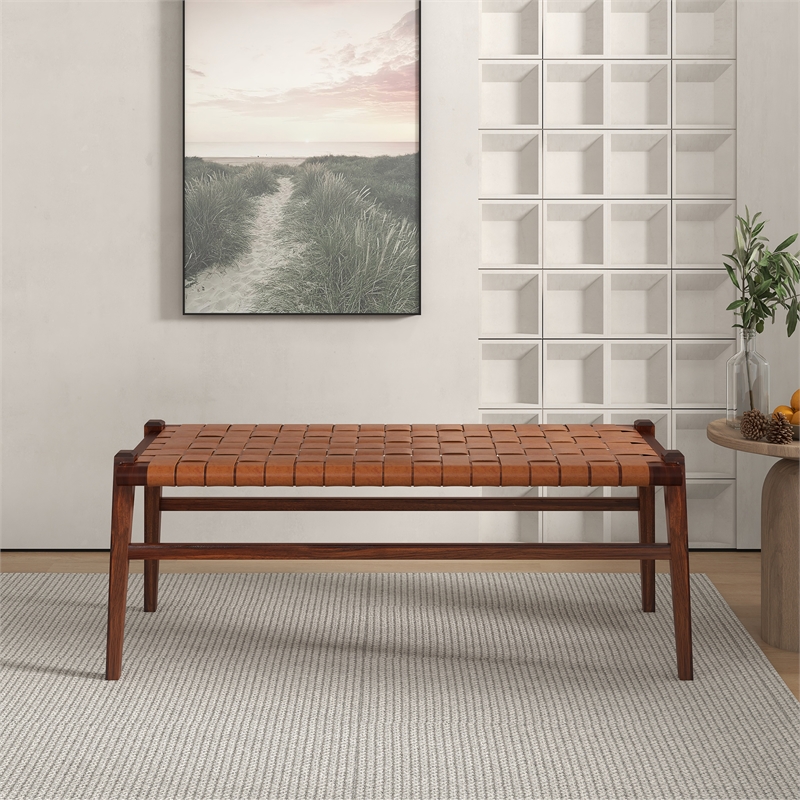 Sam Mid-Century Modern Genuine Leather Upholstered Bench in Tan