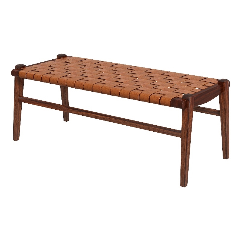 Sam Mid-Century Modern Genuine Leather Upholstered Bench in Tan