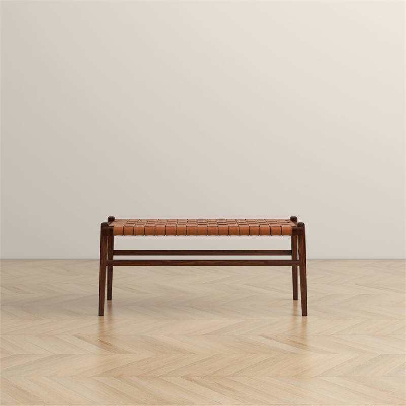 Sam Mid-Century Modern Genuine Leather Upholstered Bench in Tan