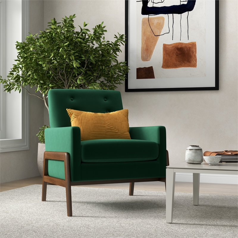 Steven Mid Century Modern Tufted Green Velvet Accent Armchair