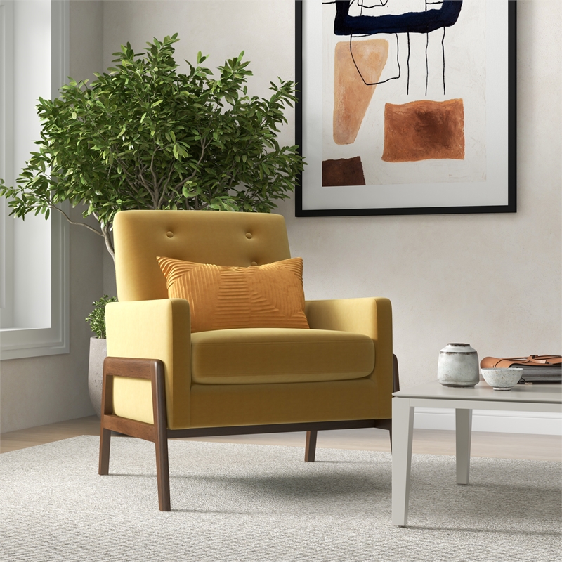 Steven Mid-Century Modern Tufted Yellow Velvet Accent Armchair - Thumbnail 2