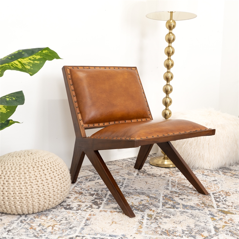 Malon Mid Century Modern Tight Back Genuine Leather Lounge Chair in Tan