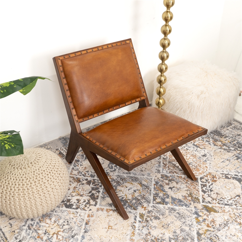 Malon Mid Century Modern Tight Back Genuine Leather Lounge Chair in Tan