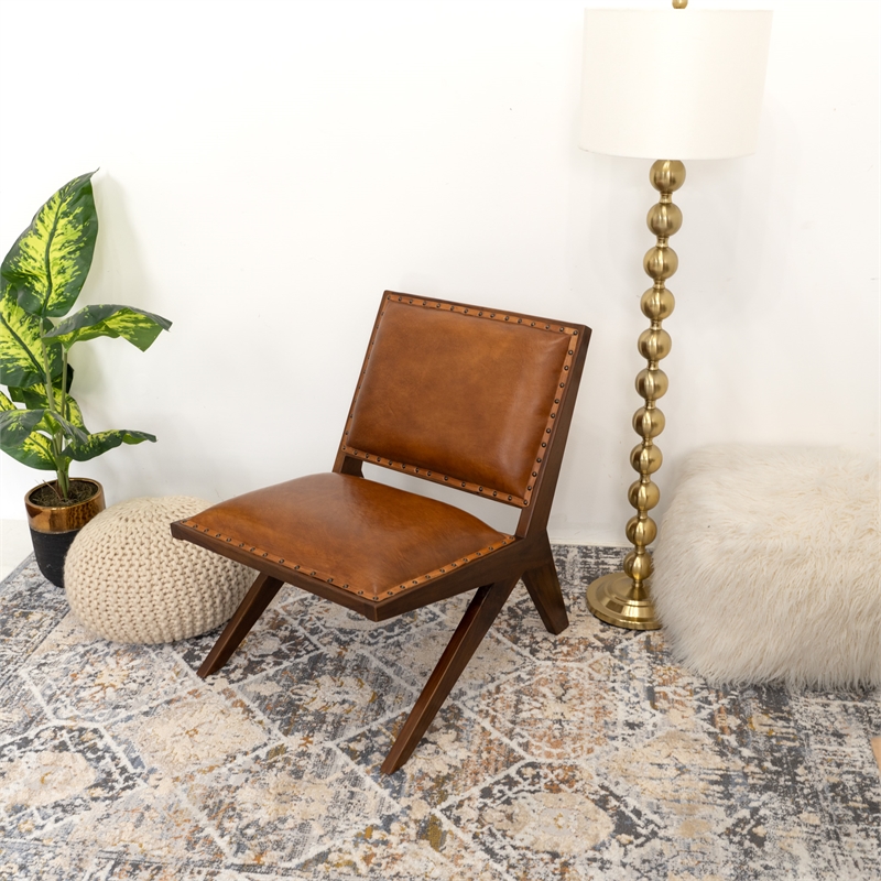 Malon Mid Century Modern Tight Back Genuine Leather Lounge Chair in Tan