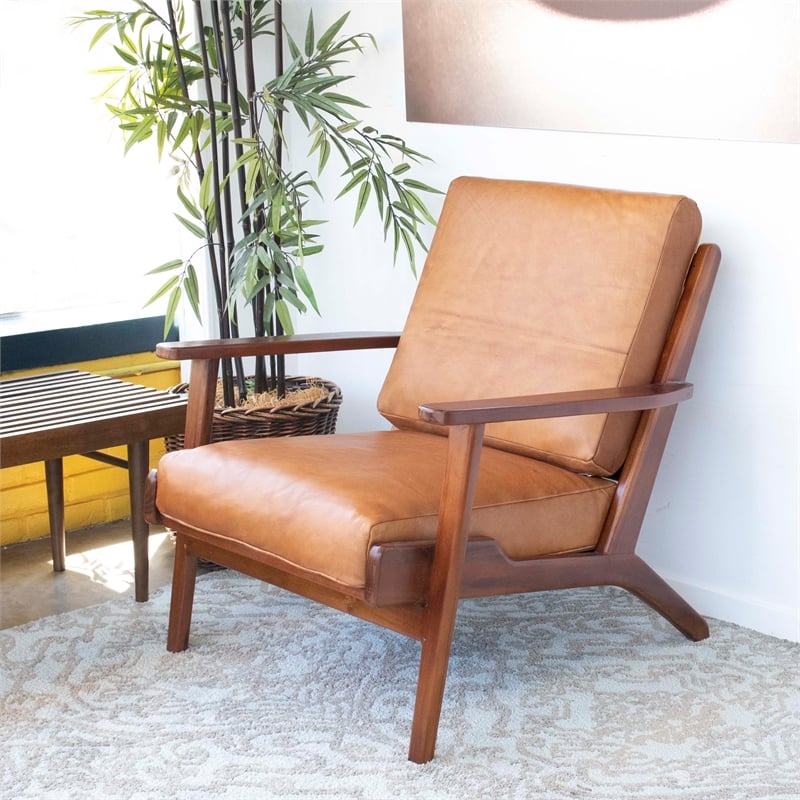 Mid Century Modern Kalley Cognac Tan Leather Accent Chair