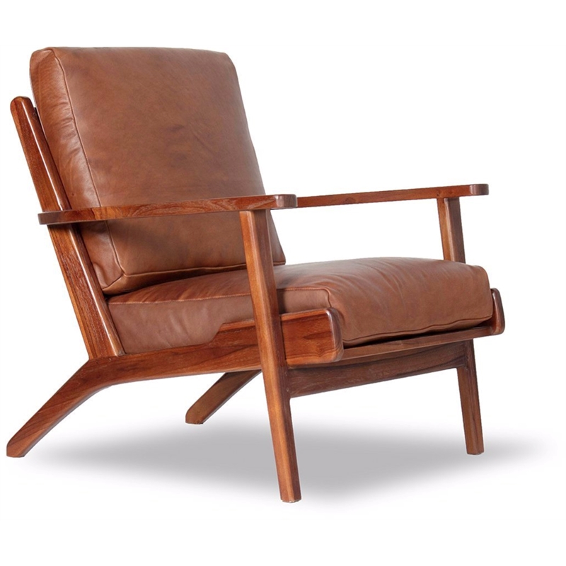 brown leather mid century accent chair