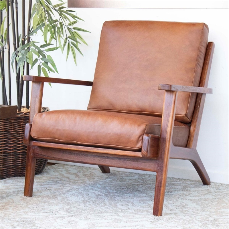 Kalley MidCentury Modern Pillow Back Genuine Leather Lounge Chair in