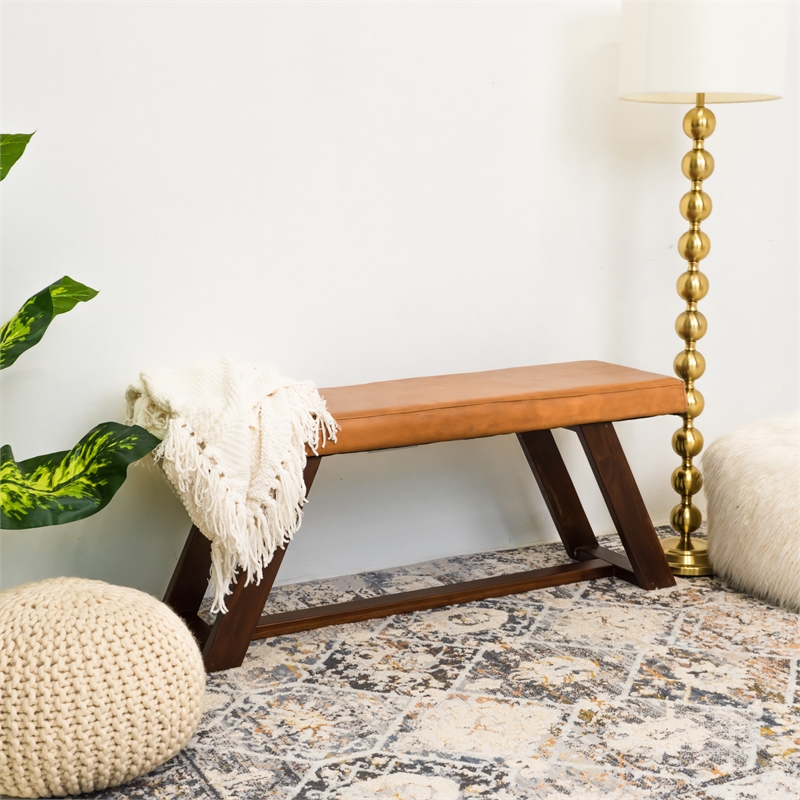 Poller Mid Century Modern Cognac Tan Leather Bench