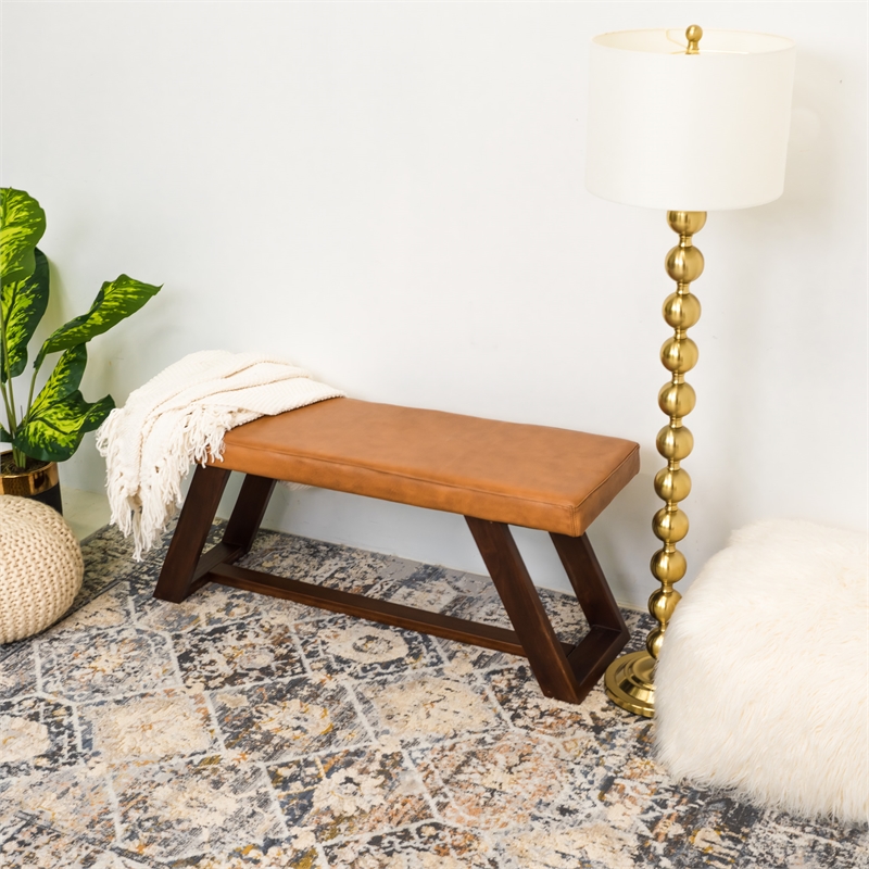 Poller Mid Century Modern Cognac Tan Leather Bench