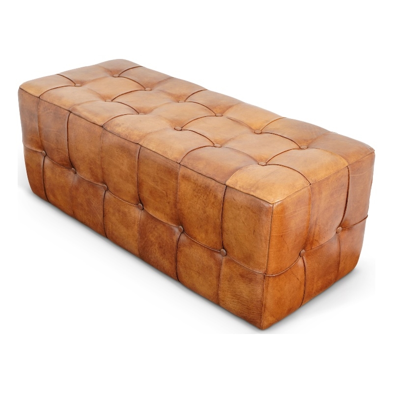 Bumble Mid-Century Modern Rectangular Genuine Leather Upholstered Bench in Tan