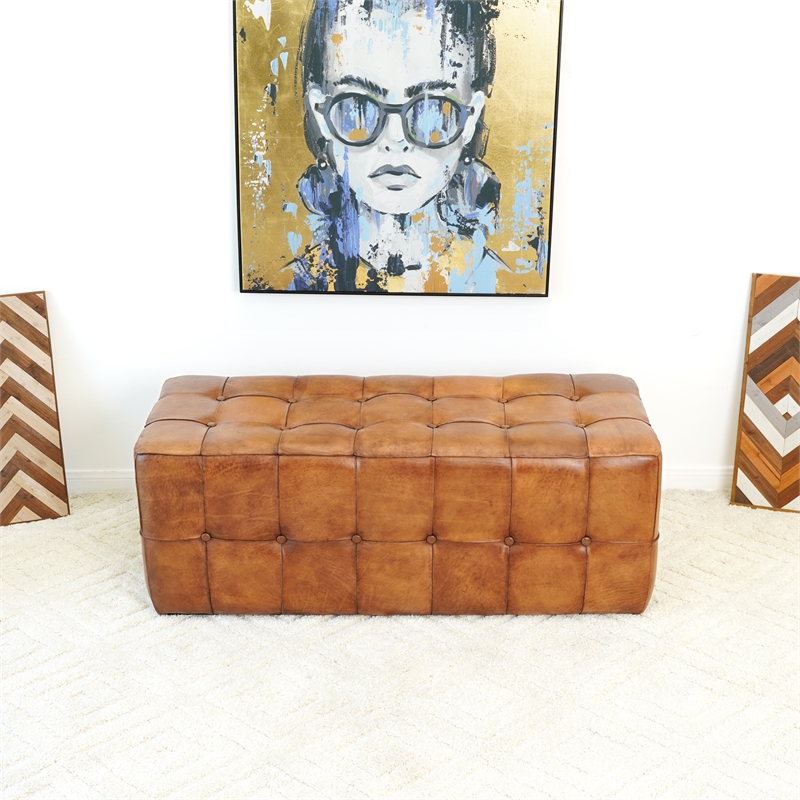 Bumble Mid-Century Modern Rectangular Genuine Leather Upholstered Bench in Tan