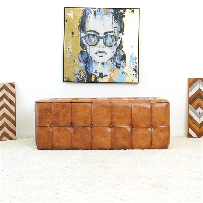 Bumble Mid-Century Modern Rectangular Genuine Leather Upholstered Bench in Tan