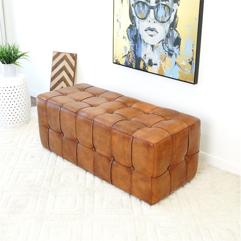 Bumble Mid-Century Modern Rectangular Genuine Leather Upholstered Bench in Tan