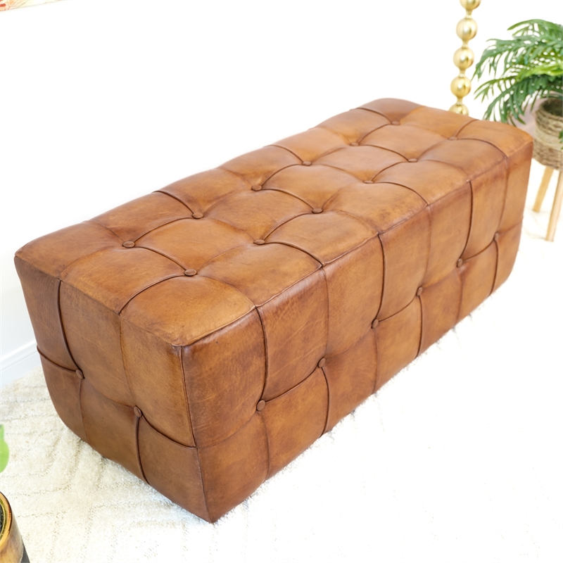 Bumble Mid-Century Modern Rectangular Genuine Leather Upholstered Bench in Tan
