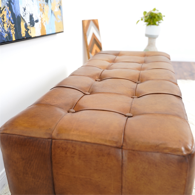 Bumble Mid-Century Modern Rectangular Genuine Leather Upholstered Bench in Tan