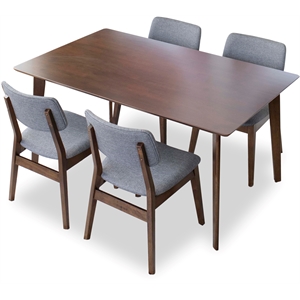 akira 5-piece mid-century rectangular dining set 4 fabric dining chairs in gray