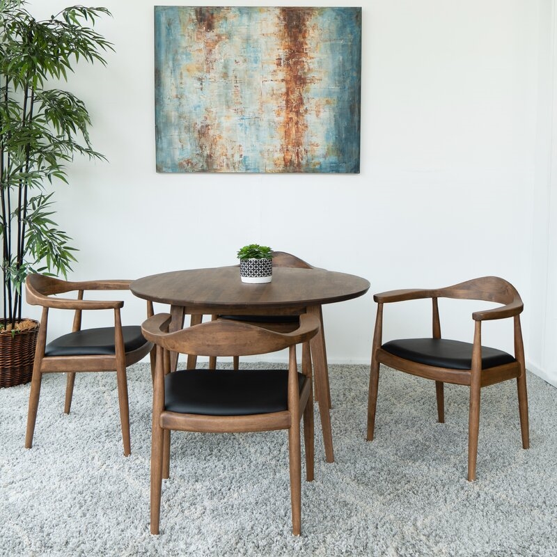 5-Piece Ellen Mid-Century Dining Set Solid Wood Walnut Table and Black Chairs