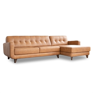 elva mid-century l-shaped tight back leather sectional in tan