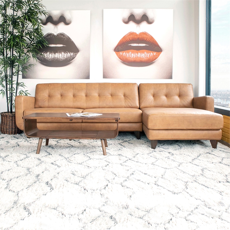 Elva Mid Century L Shaped Tight Back Leather Right Facing Sectional In Tan Cymax Business Elva Mid Century L Shaped Tight Back, Mid Century Modern Milton Leather Sectional Sofa