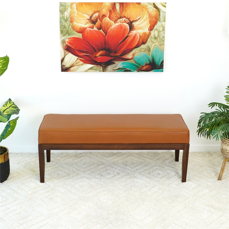 Sumatra Mid-Century Modern Rectangular Genuine Leather Bench in Tan