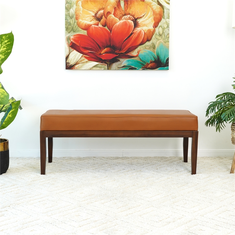 Sumatra Mid-Century Modern Rectangular Genuine Leather Bench in Tan