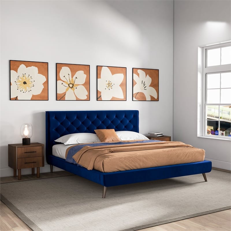 Alice Mid Century Modern Blue Velvet Upholstered King Platform Bed