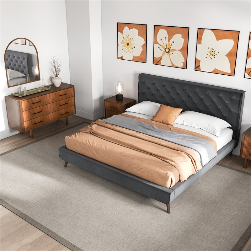 Alice Mid Century Modern Gray Velvet Upholstered King Platform Bed