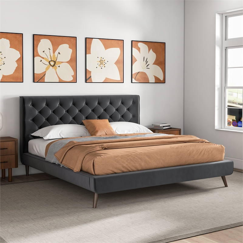 Alice Mid Century Modern Gray Velvet Upholstered King Platform Bed