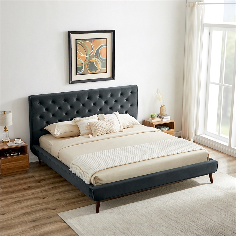 Alice Mid Century Modern Velvet Upholstered Platform Bed King Size In Grey Cymax Business Alice Mid Century Modern Velvet, Mid Century Modern Platform Bed King