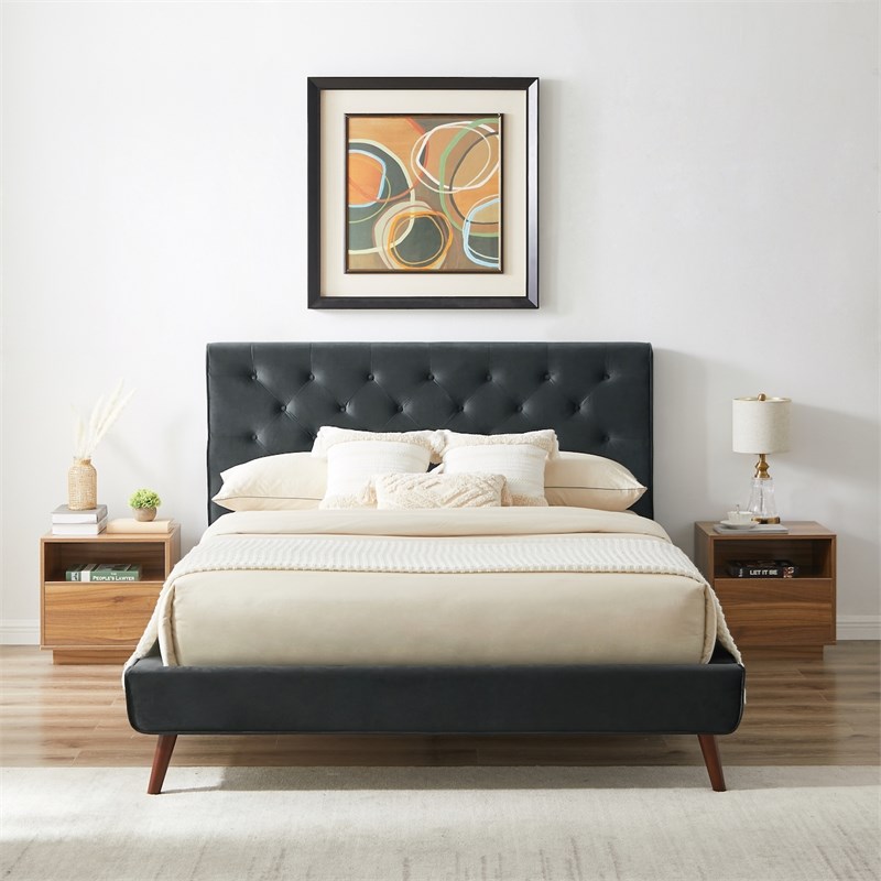 Alice Mid Century Modern Gray Velvet Upholstered Queen Platform Bed