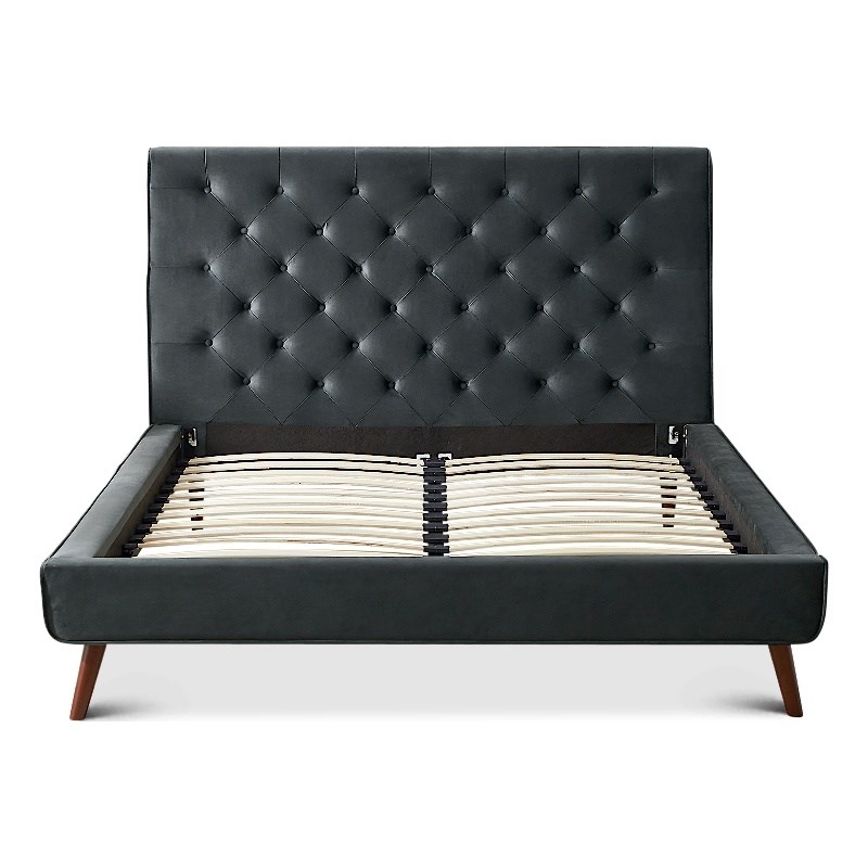 Alice Mid Century Modern Gray Velvet Upholstered Queen Platform Bed