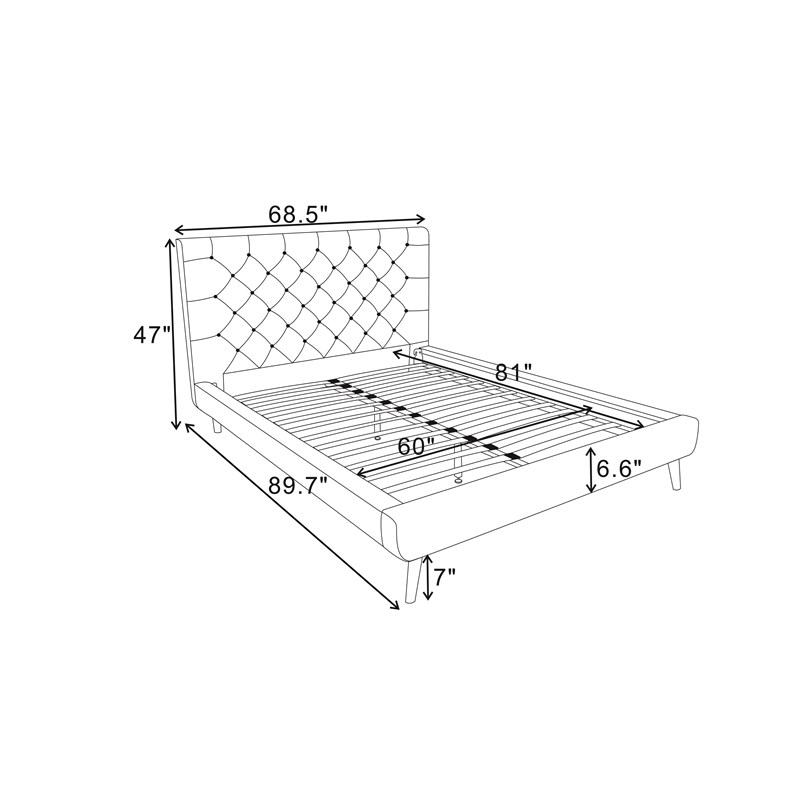 Alice Mid Century Modern Gray Velvet Upholstered Queen Platform Bed