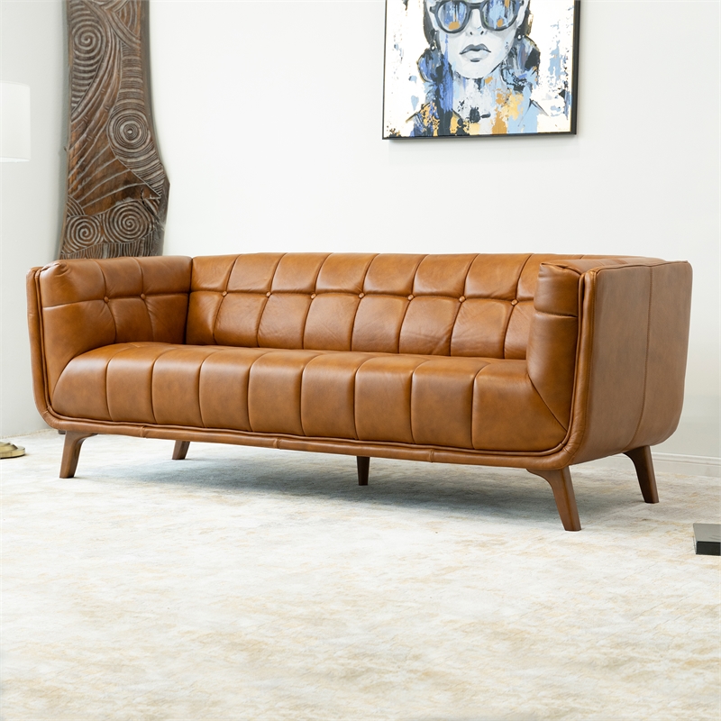 Allen Mid Century Modern Tufted Back, Mid Century Tufted Leather Sofa