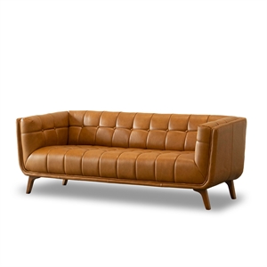 Allen Mid-Century Modern Tufted Back Genuine Leather Sofa in Tan