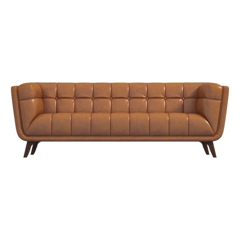 Allen Mid Century Modern Tufted Genuine Leather Sofa in Cognac Tan