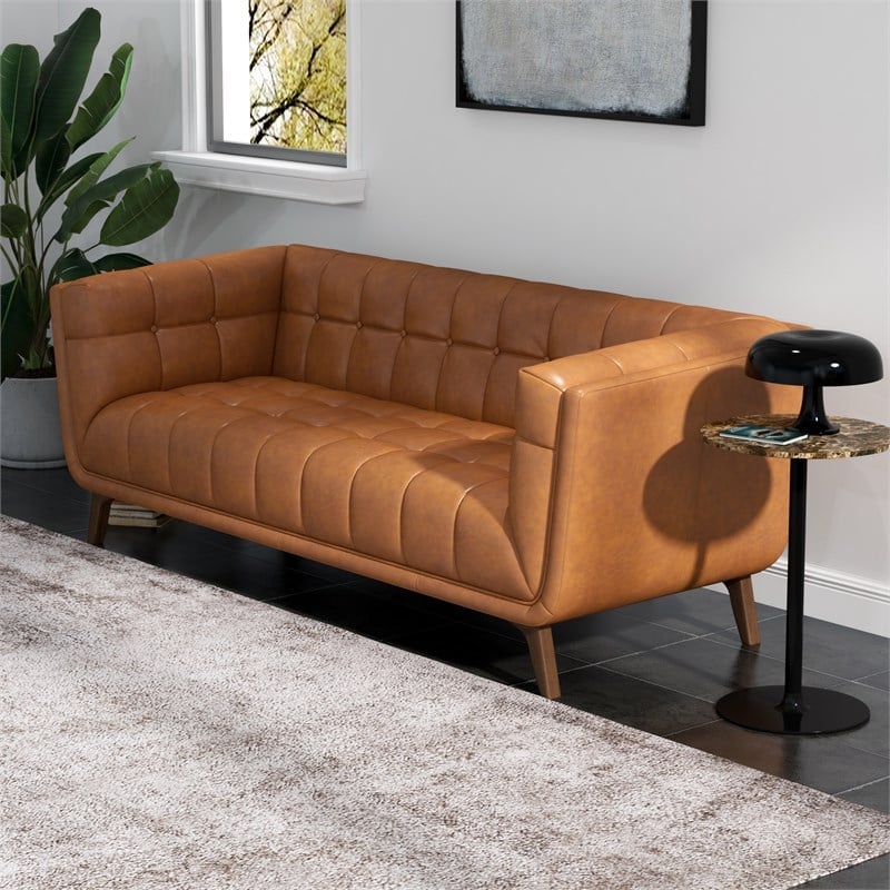 Allen Mid Century Modern Tufted Genuine Leather Sofa in Cognac Tan