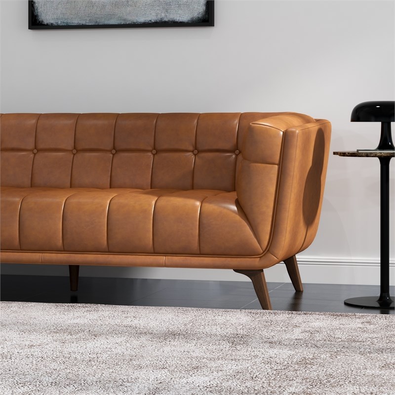Allen Mid Century Modern Tufted Genuine Leather Sofa in Cognac Tan
