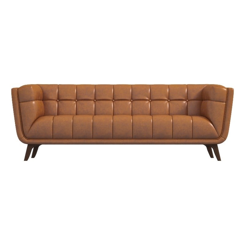 Allen Mid Century Modern Tufted Genuine Leather Sofa in Cognac Tan