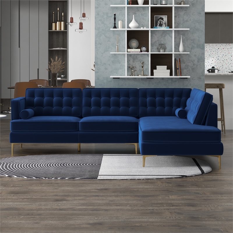 Kole Navy Blue Velvet Modern Living Room Corner Sectional Couch